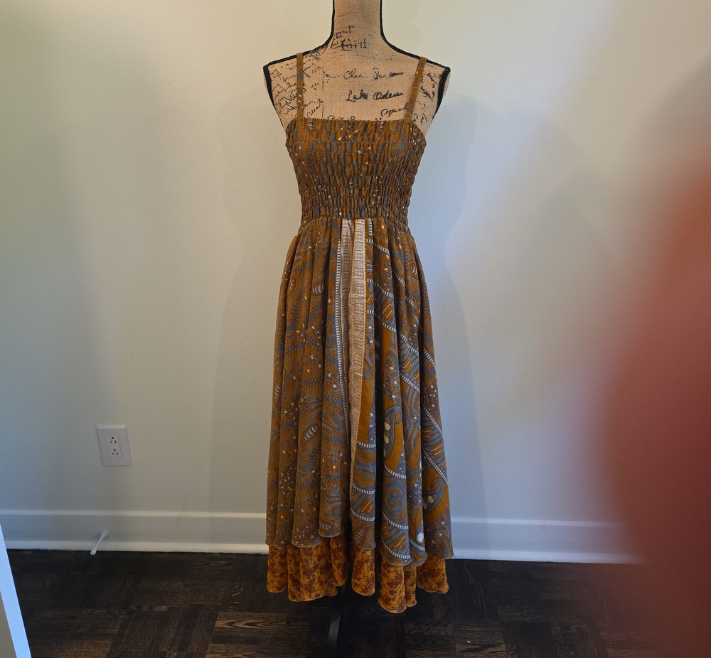 100% Silk Smocked Spaghetti Strap Midi Dress in Mustard